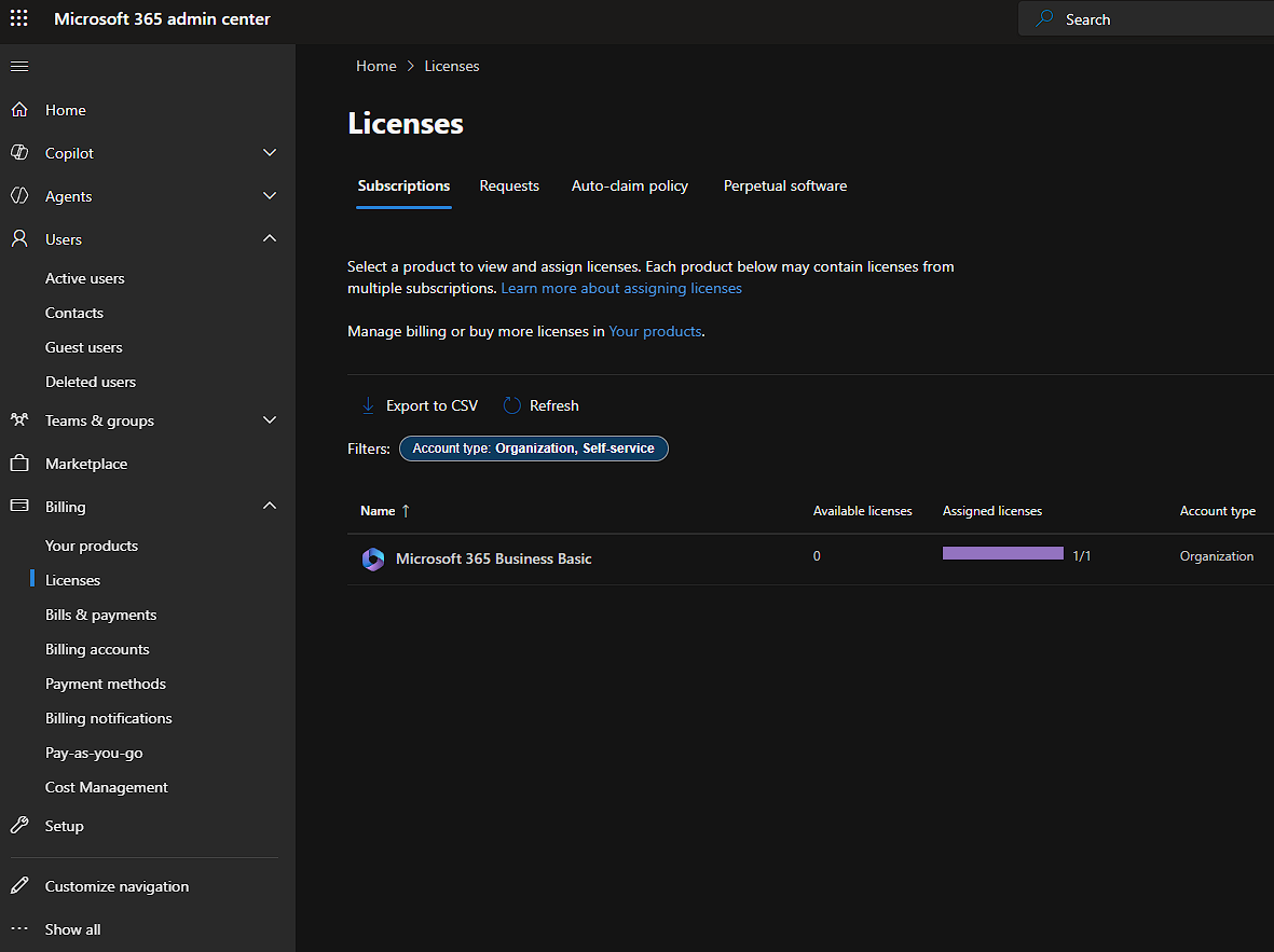 Microsoft 365 Admin Centre Billing Licences page showing active subscriptions and assigned seats