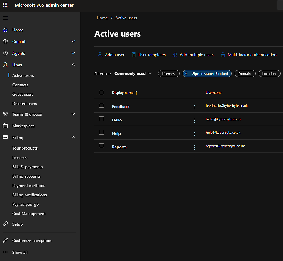 Microsoft 365 Admin Centre filtered to show sign-in blocked accounts